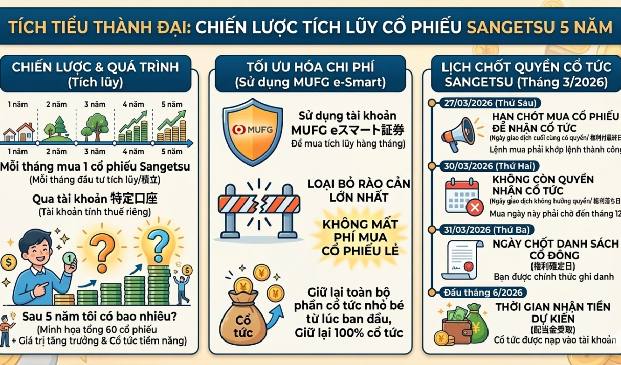 Tích tiểu thành đại: Mỗi tháng đầu tư tích lũy/積立 1 cổ phiếu Sangetsu qua tài khoản 特定口座, sau 5 năm tôi có bao nhiêu?