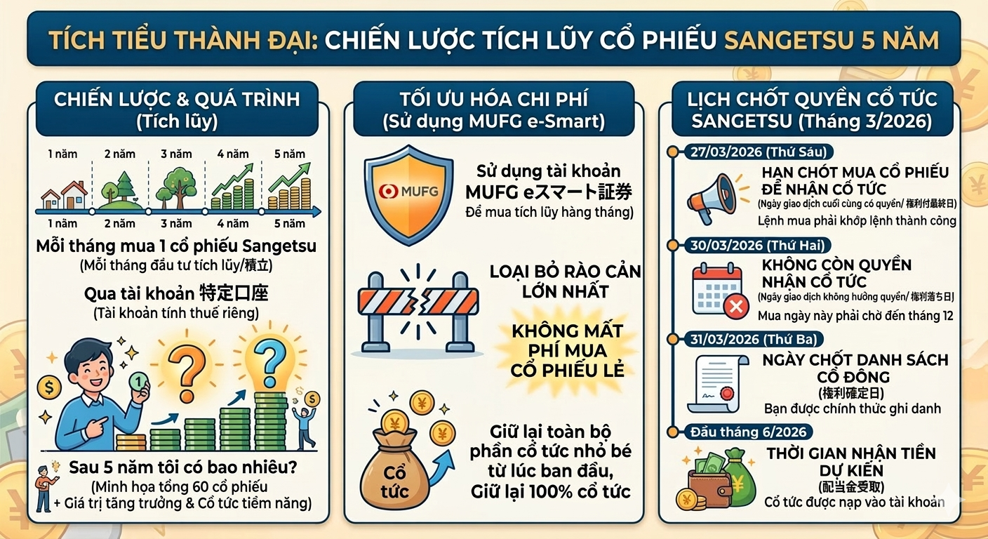 Tích tiểu thành đại: Mỗi tháng đầu tư tích lũy/積立 1 cổ phiếu Sangetsu qua tài khoản 特定口座, sau 5 năm tôi có bao nhiêu?